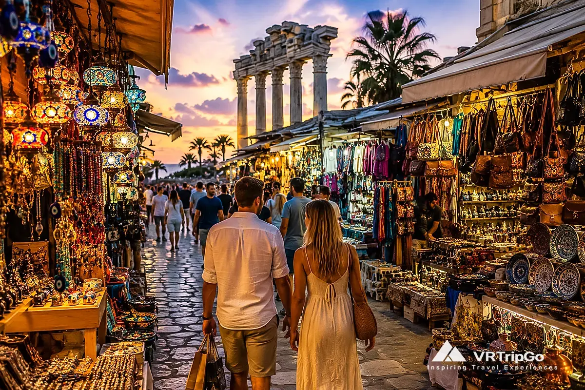 Side Travel Guide traditional Turkish bazaar with tourists and evening shopping street in Turkey