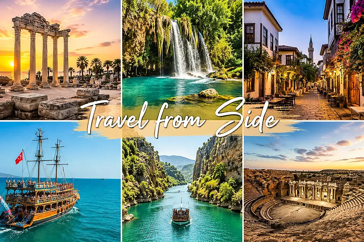 Travel from Side collage with waterfalls, boat tours, ancient ruins and Mediterranean attractions in Turkey