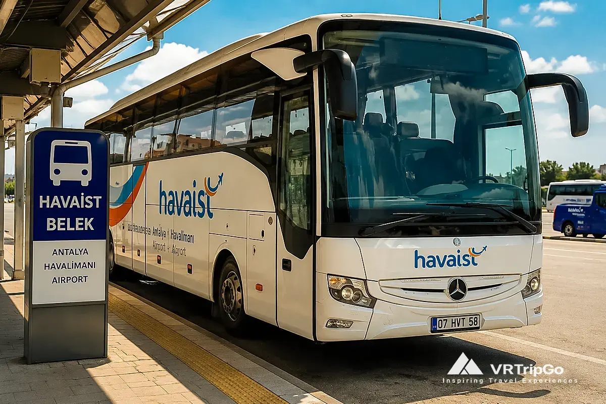 Budget bus from Antalya Airport to Belek at a modern airport shuttle stop