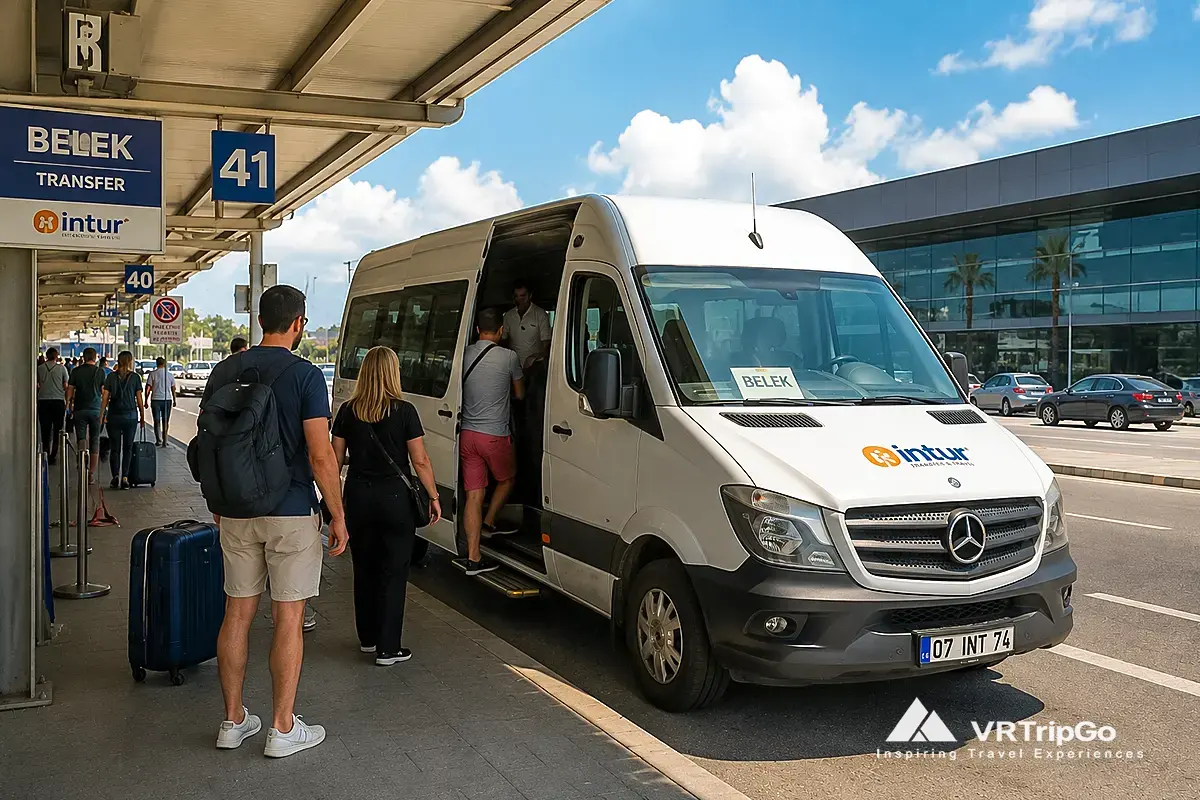 Shared transfer from Antalya Airport to Belek with tourists boarding an airport shuttle van