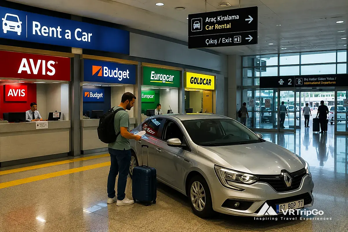 Car rental at Antalya Airport with tourist picking up a vehicle for travel to Belek