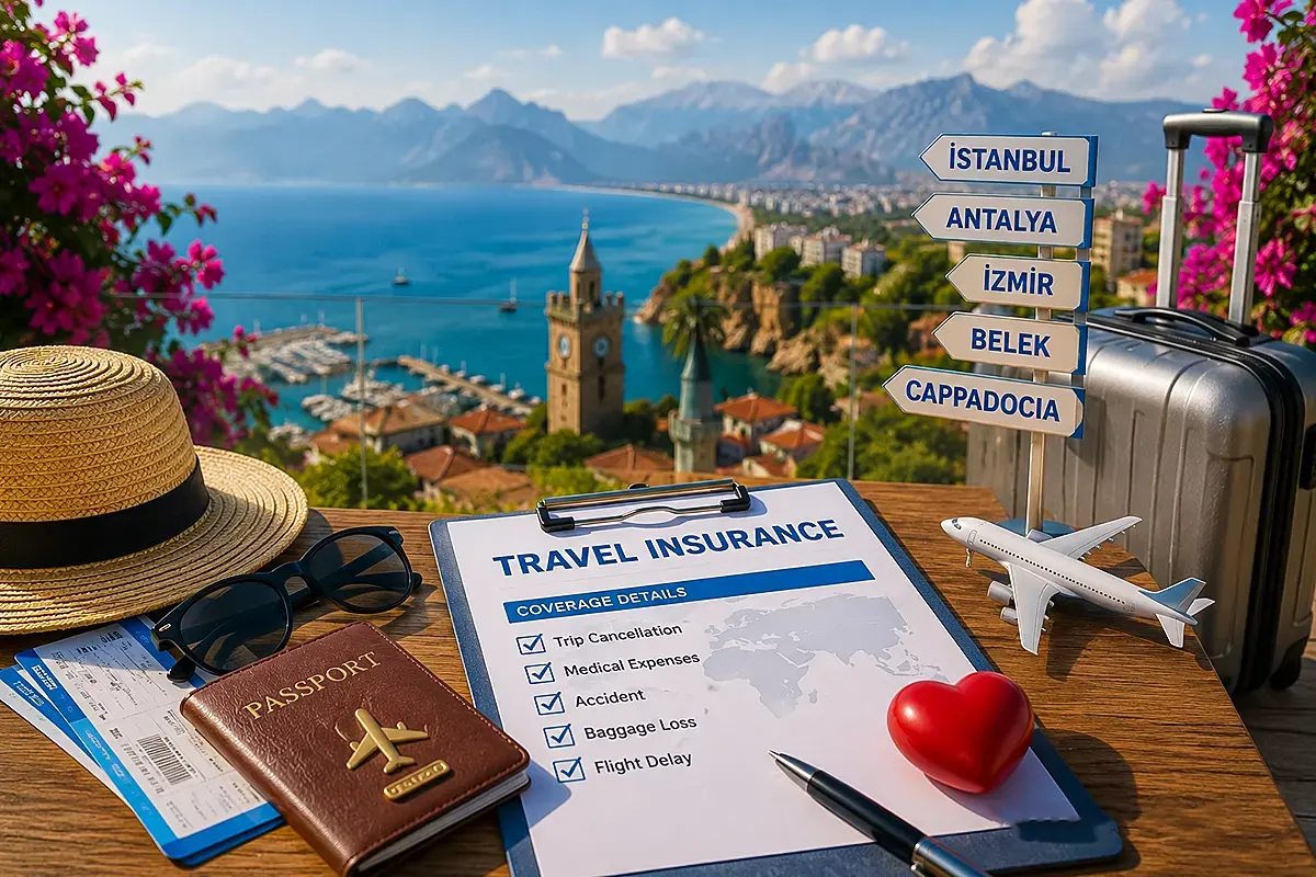 Travel insurance for Turkey trip with passport, flight tickets, and holiday travel essentials