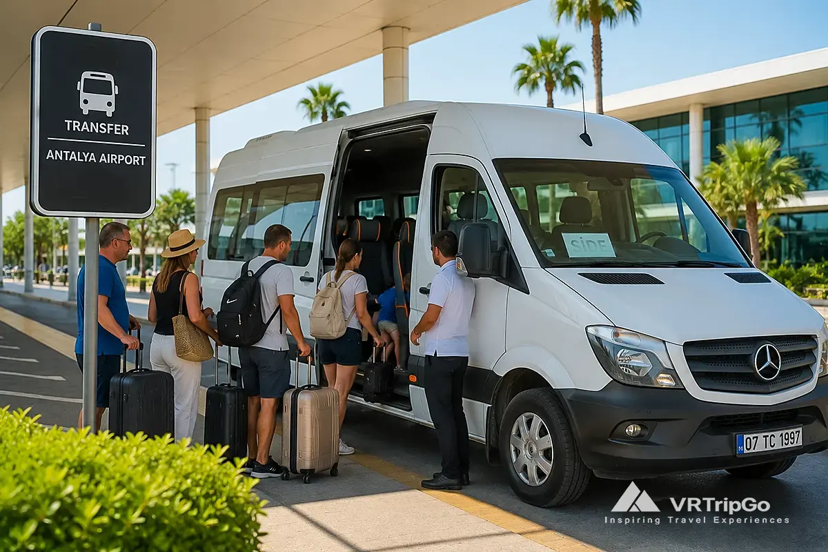 Shared transfer from Antalya Airport to Side with tourists boarding an airport shuttle van