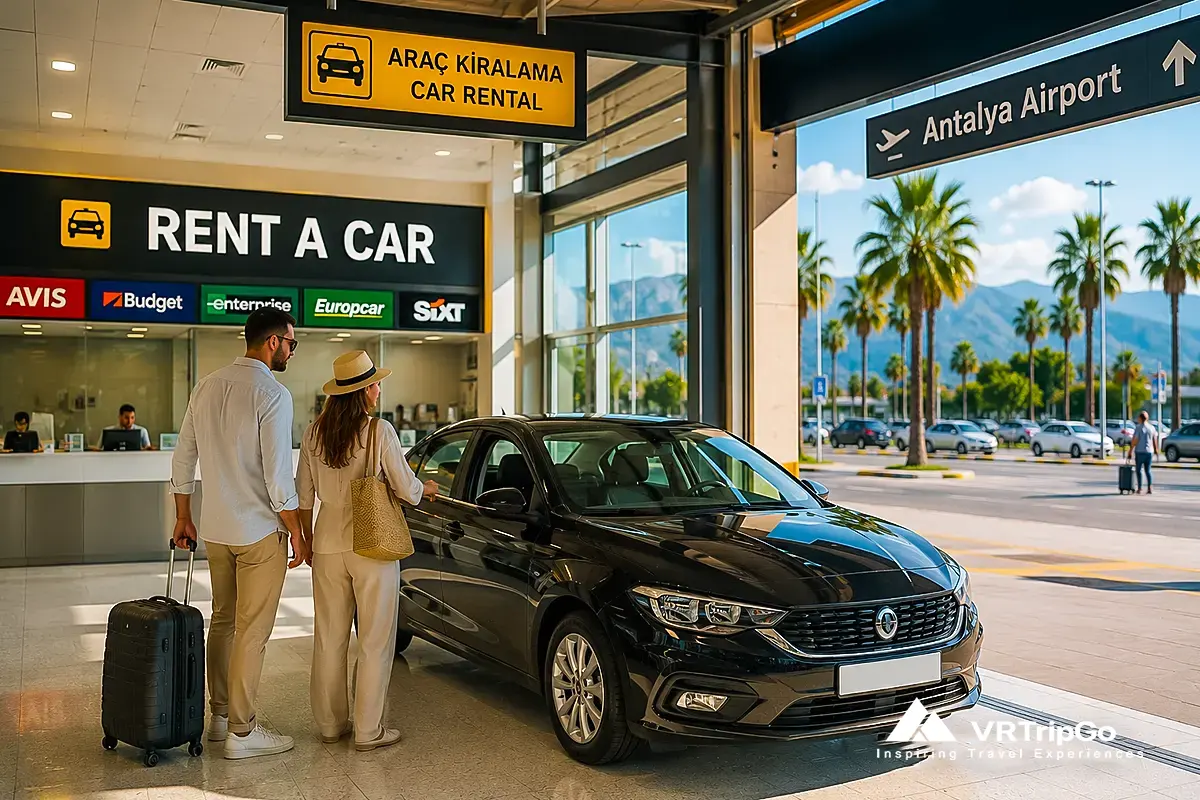 Car rental at Antalya Airport with tourists choosing a vehicle for travel to Side
