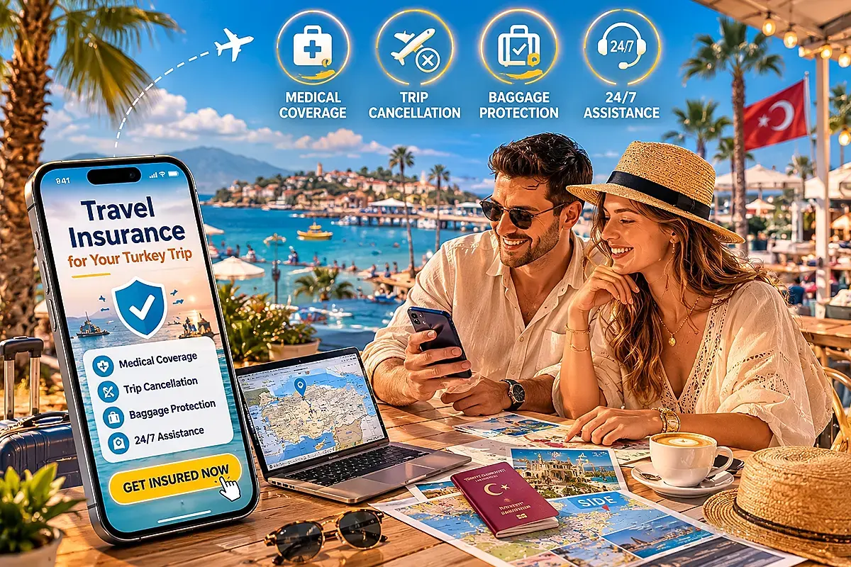 Travel insurance for Turkey trip with passport, travel documents, and Mediterranean holiday background