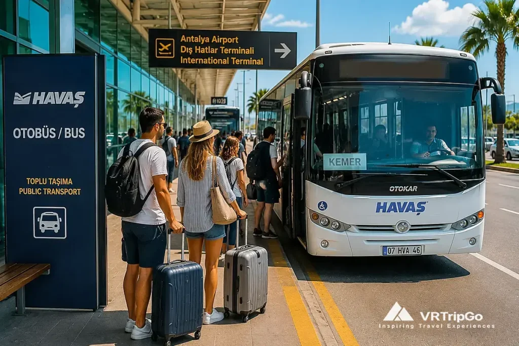 Budget bus from Antalya Airport to Kemer with tourists waiting at the airport shuttle station