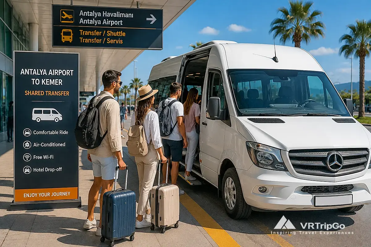 Shared transfer from Antalya Airport to Kemer with tourists boarding a white airport shuttle van