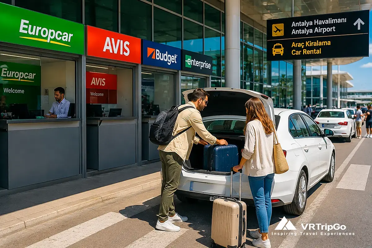 Car rental at Antalya Airport with tourists loading luggage into a rental car for travel to Kemer