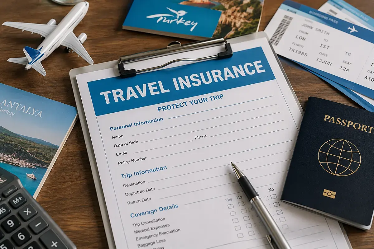 Travel insurance for Turkey trip with passport, boarding passes, and travel planning essentials