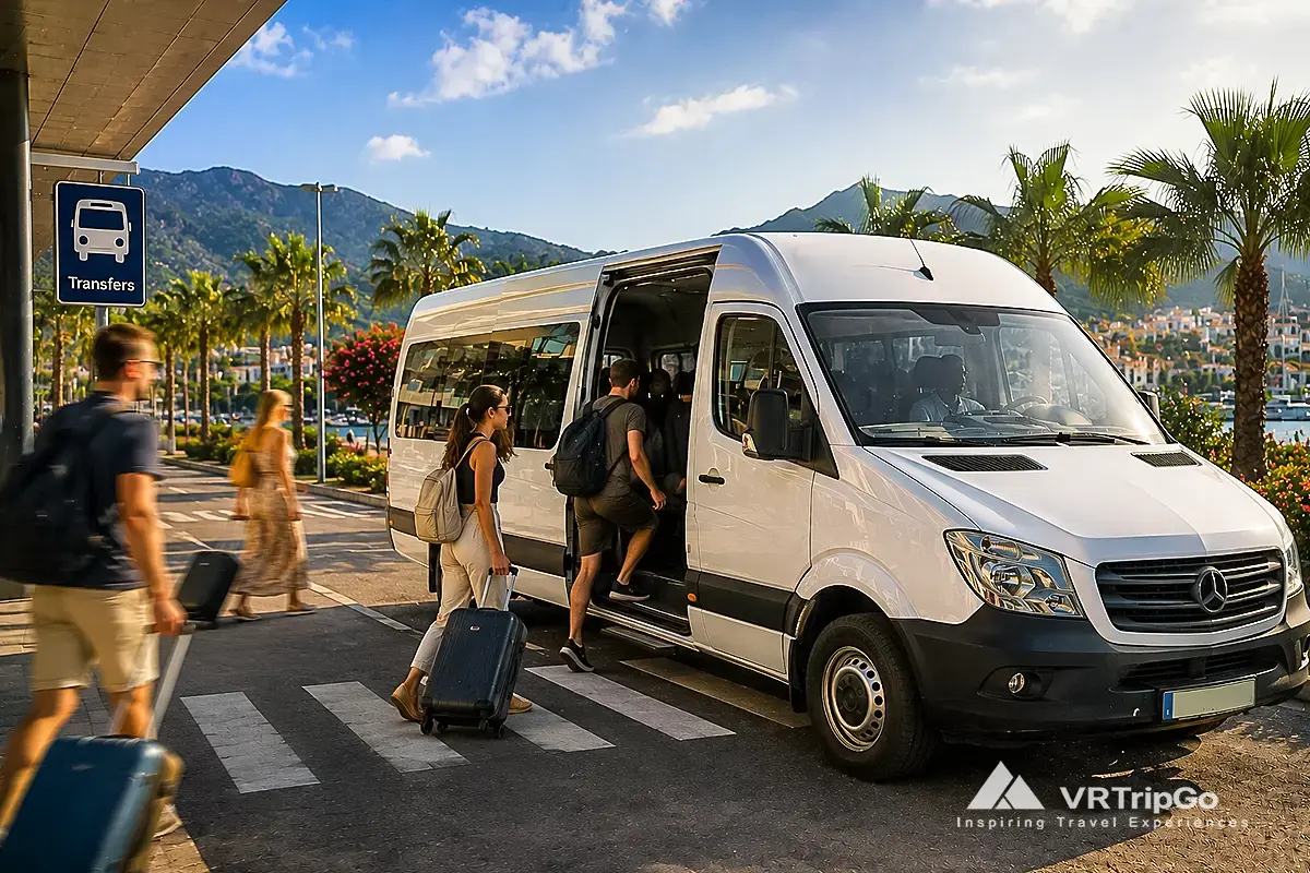 Travelers boarding a shared airport transfer minibus in Marmaris with summer holiday atmosphere in Turkey