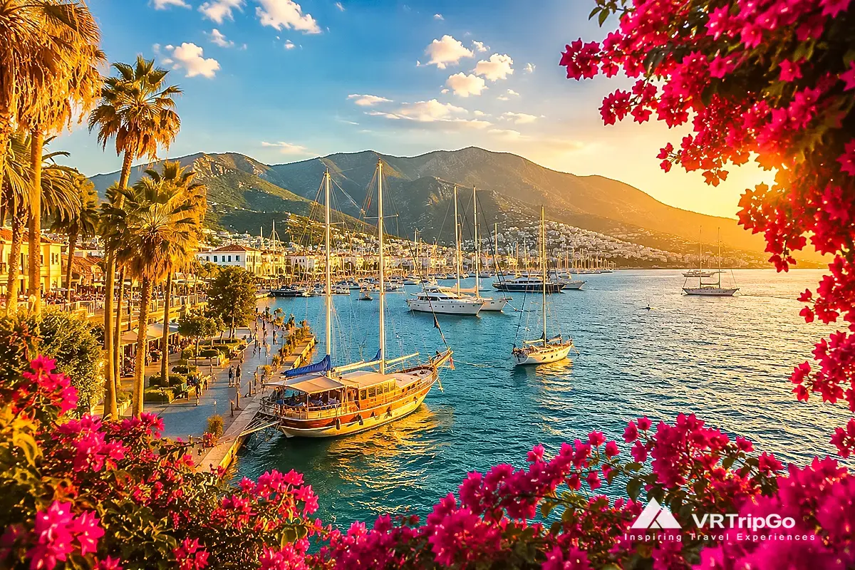 Best Time to Visit Marmaris scenic marina view with yachts, palm trees and sunset coastline in Turkey