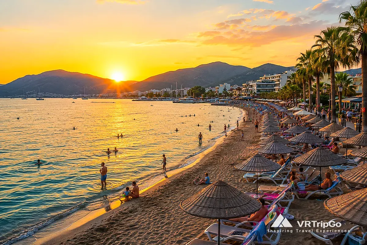 Best Beaches in Marmaris sandy beach with turquoise sea and sunset promenade view