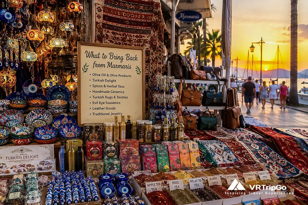What to Bring Back from Marmaris traditional Turkish souvenirs and local market near the marina at sunset