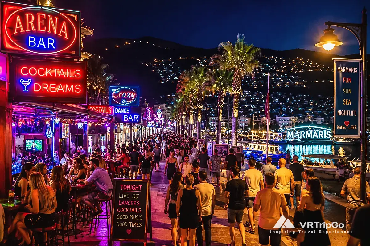 Nightlife in Marmaris vibrant marina bars and crowded nightlife street at night