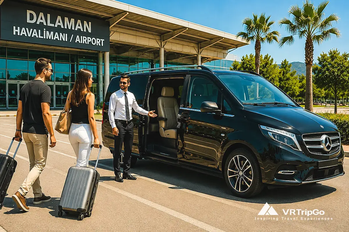 Dalaman Airport to Marmaris Transfer luxury VIP van pickup with travelers at airport terminal