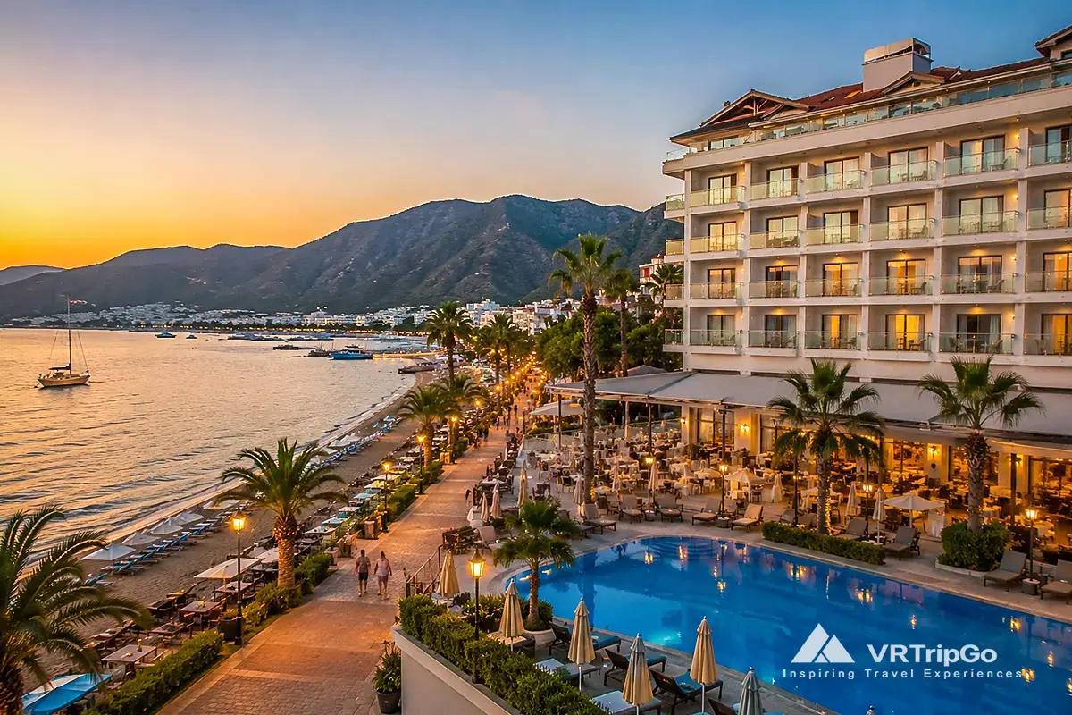 Cheap Hotels Near the Beach in Marmaris with beachfront resort hotel, sunset coastline, swimming pool, and relaxing Mediterranean vacation atmosphere