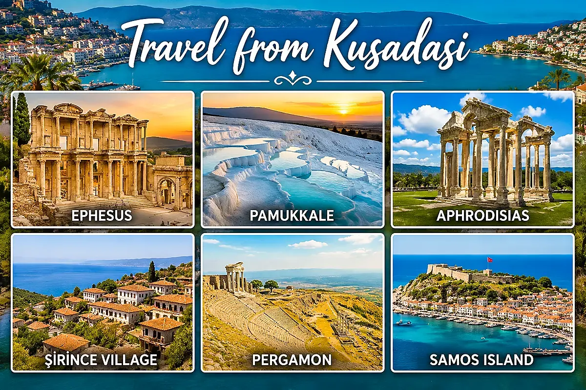 Travel from Kusadasi collage with Ephesus, Pamukkale, Aphrodisias, Sirince Village, Pergamon and Samos Island popular excursions from the Turkish Aegean coast.