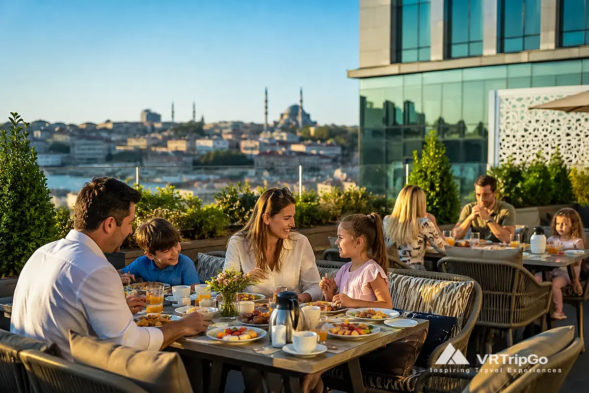 Best family hotels in Istanbul with happy family breakfast rooftop terrace city skyline warm sunset light and relaxing luxury hotel atmosphere