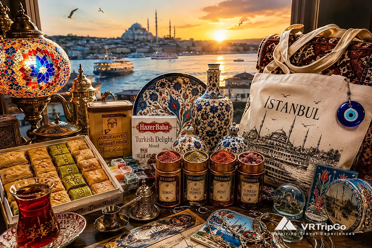 What to Bring Back from Istanbul with Turkish lamps baklava spices ceramics tea and colorful Grand Bazaar souvenir atmosphere