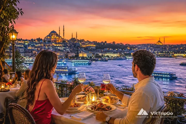 Best Restaurants in Istanbul romantic sunset dinner with wine glasses candles Bosphorus view luxury terrace and panoramic city skyline