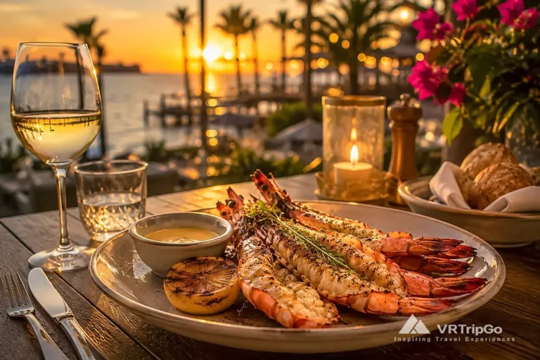 Luxury seafood dinner in Belek with grilled prawns, white wine, candlelight, and romantic sunset sea view at a beachfront restaurant