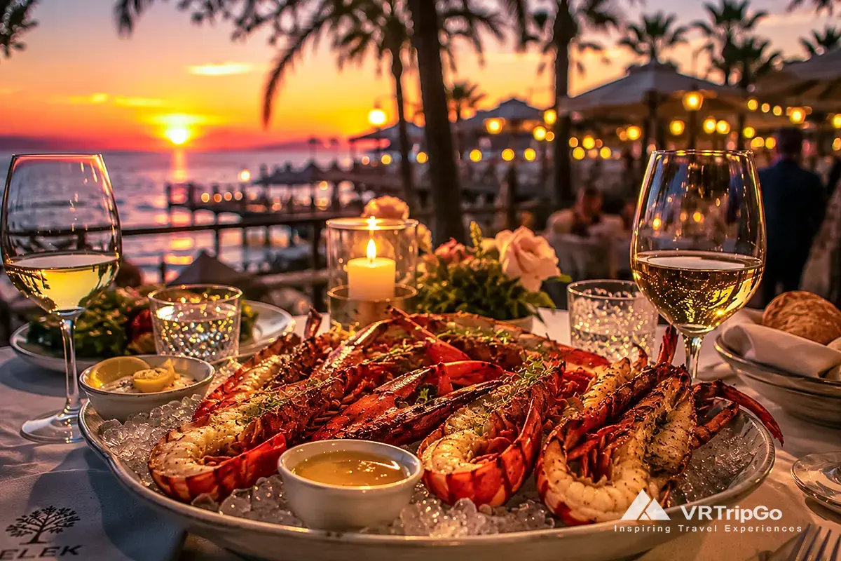 Luxury seafood dinner at one of the best restaurants in Belek with grilled lobster, white wine, candlelight, and romantic sunset sea view at a beachfront resort restaurant