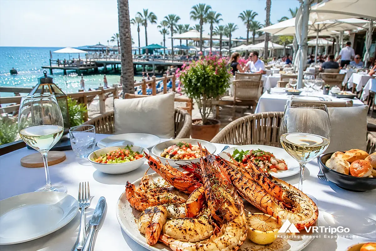 Best areas to eat in Belek with luxury beachfront restaurants, fresh seafood, Mediterranean cuisine, and sunny seaside dining atmosphere
