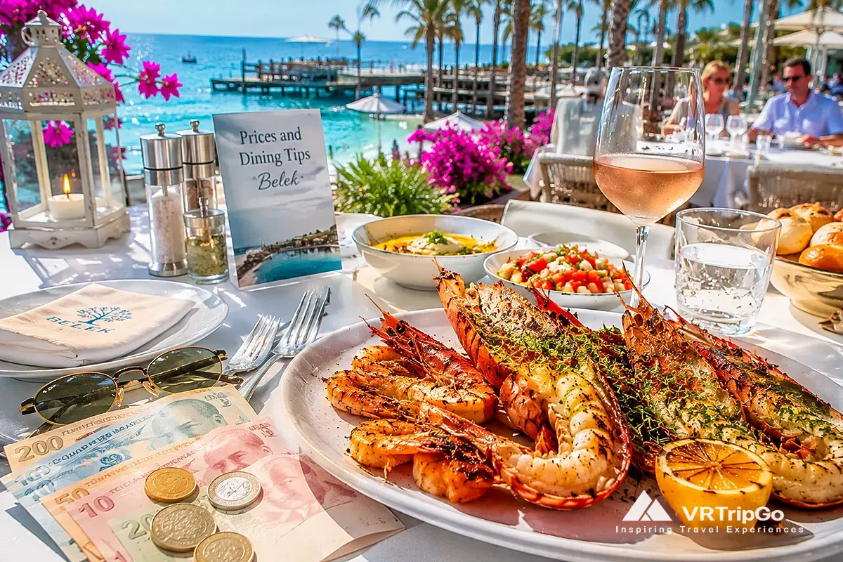 Prices and dining tips in Belek with luxury seafood restaurant, Turkish lira, wine, beachfront dining, and sunny Mediterranean resort atmosphere