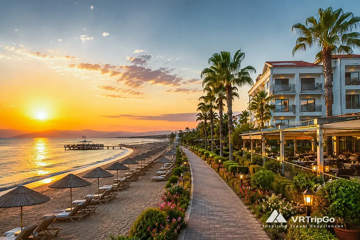 Cheap Hotels Near the Beach in Belek with sunset beachfront hotel, sandy beach promenade, palm trees, and relaxing Mediterranean resort atmosphere