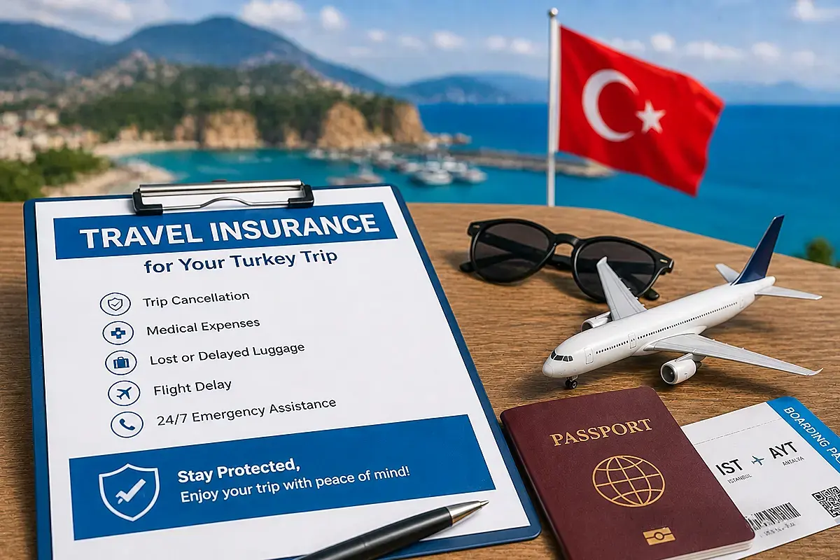 Travel insurance for a Turkey trip with passport, airplane model, and travel documents
