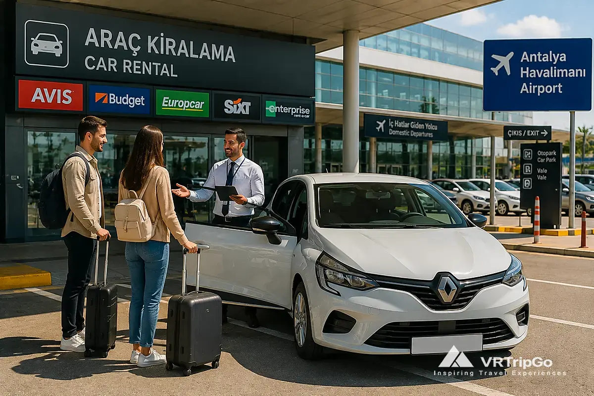Car rental at Antalya Airport with tourists picking up a vehicle for travel to Alanya