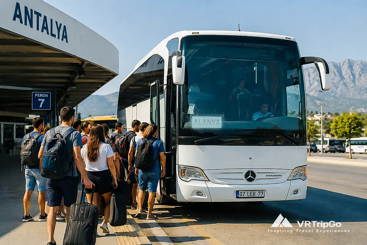Budget bus from Antalya Airport to Alanya with travelers boarding at Antalya bus station