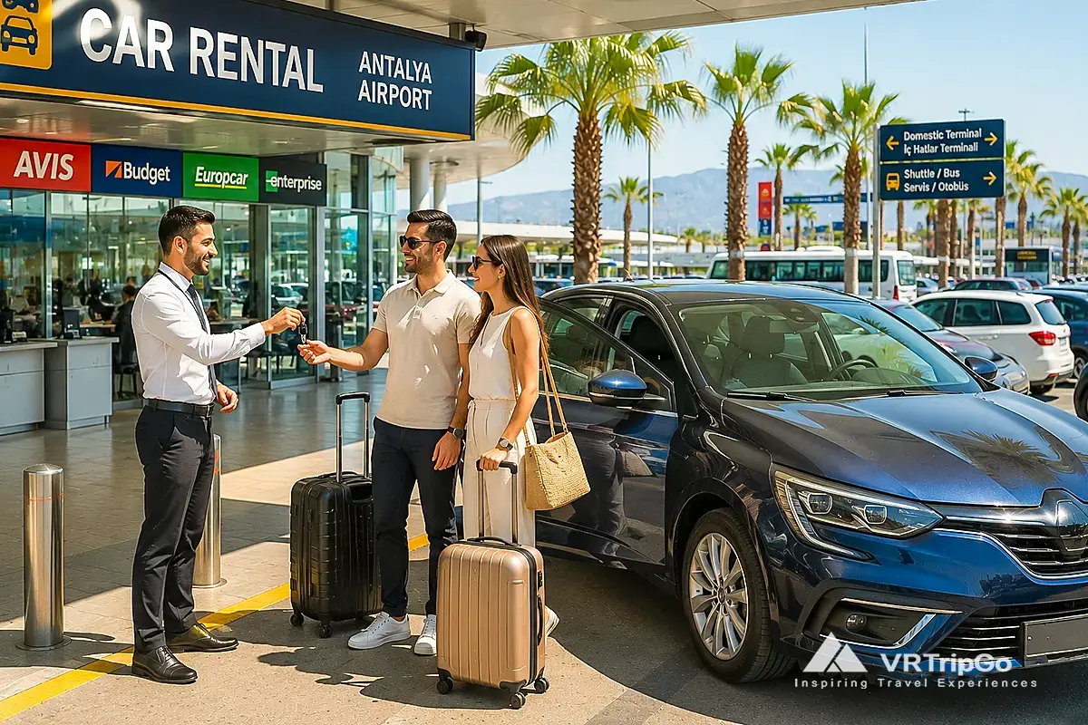 Travelers picking up a rental car at Antalya Airport with luggage and modern airport transportation in Turkey