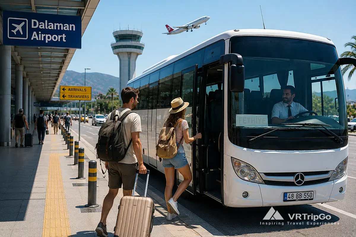 Travelers boarding an airport bus to Fethiye with sunny summer holiday atmosphere in Turkey