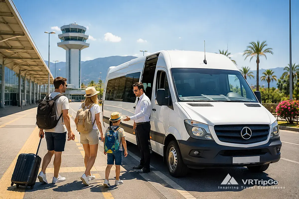 Travelers boarding a private airport transfer minibus to Fethiye with sunny holiday atmosphere in Turkey