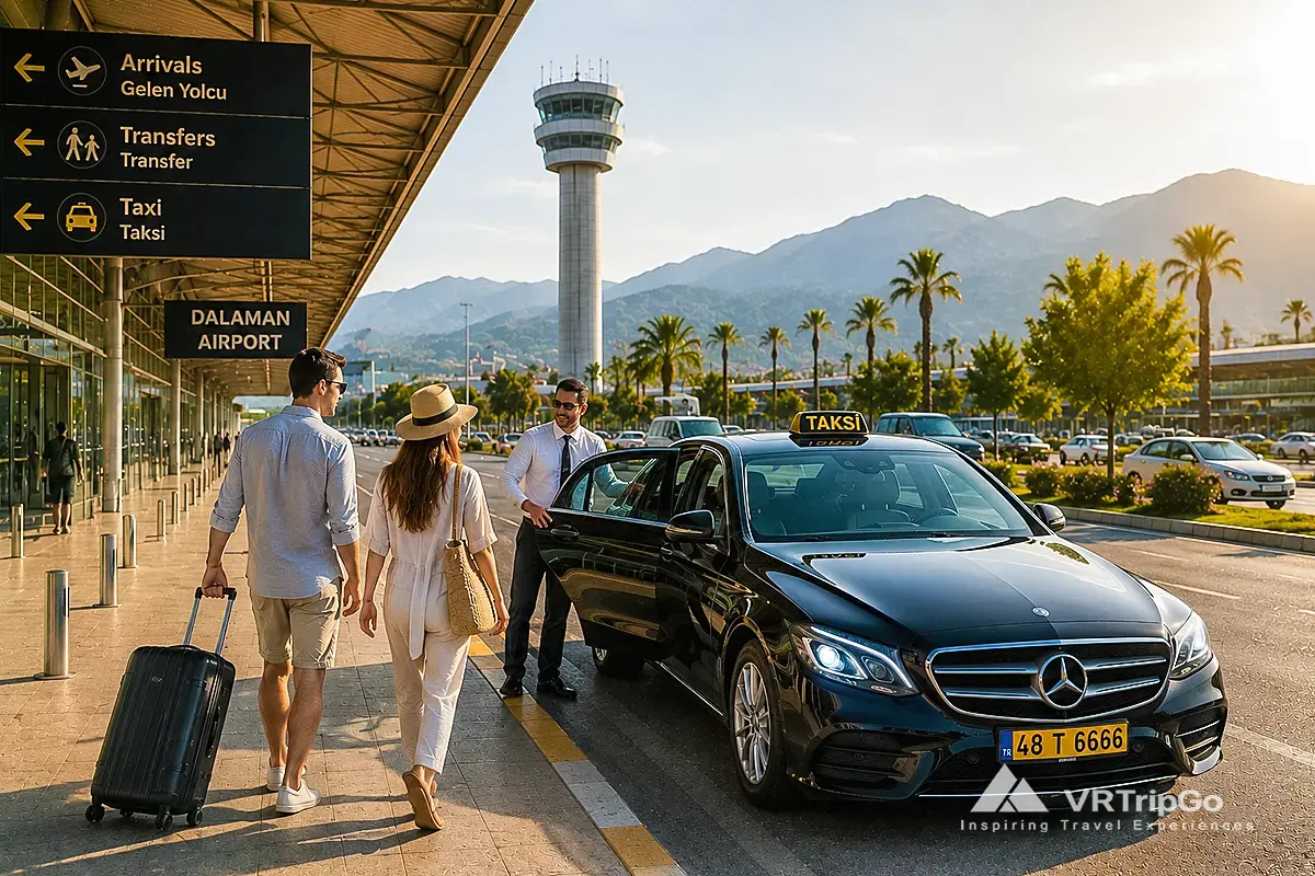Taxi transfer from the airport to Fethiye with luxury travel atmosphere and sunny Mediterranean scenery in Turkey