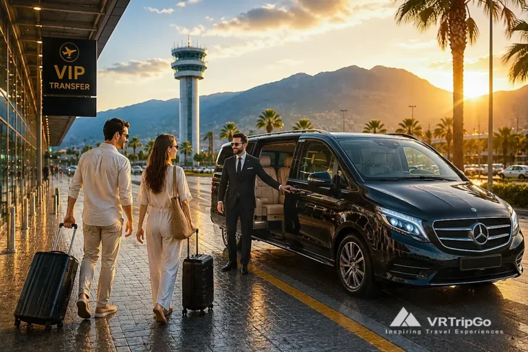 VIP airport transfer to Fethiye with luxury minivan service and golden sunset atmosphere in Turkey