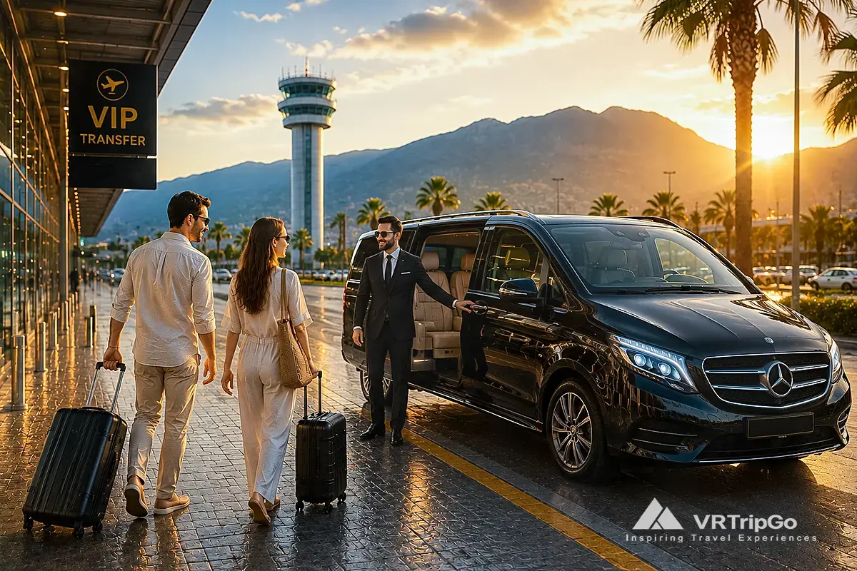 VIP airport transfer to Fethiye with luxury minivan service and golden sunset atmosphere in Turkey