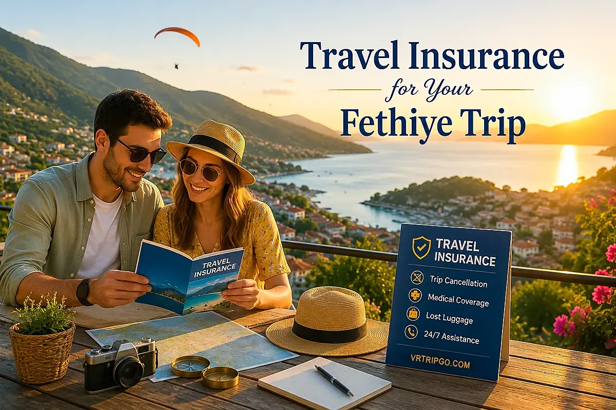 Couple planning a Fethiye vacation with travel insurance protection and sunset coastal scenery in Turkey