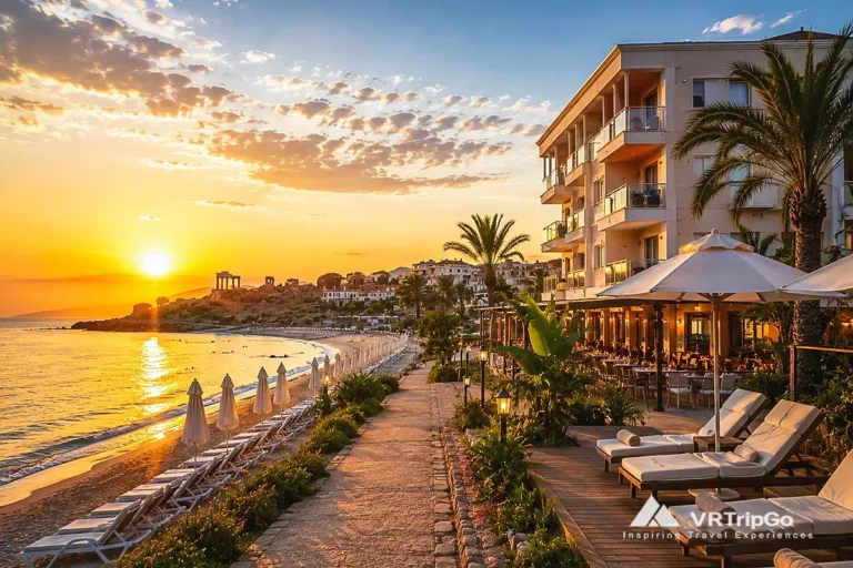Cheap Hotels Near the Beach in Side with sunset beachfront hotel, seaside promenade, and relaxing Mediterranean vacation atmosphere