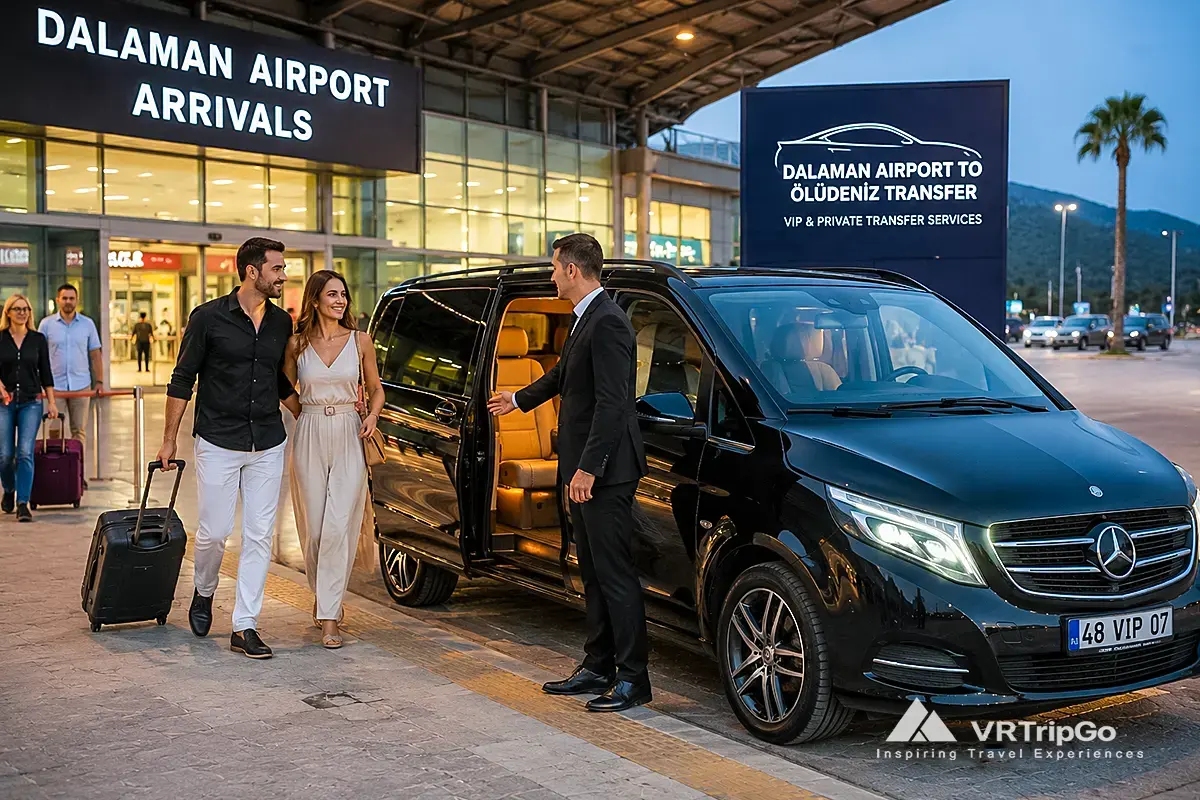 Luxury Dalaman Airport to Oludeniz transfer with VIP Mercedes van, private chauffeur service and travelers arriving for a premium Mediterranean holiday.