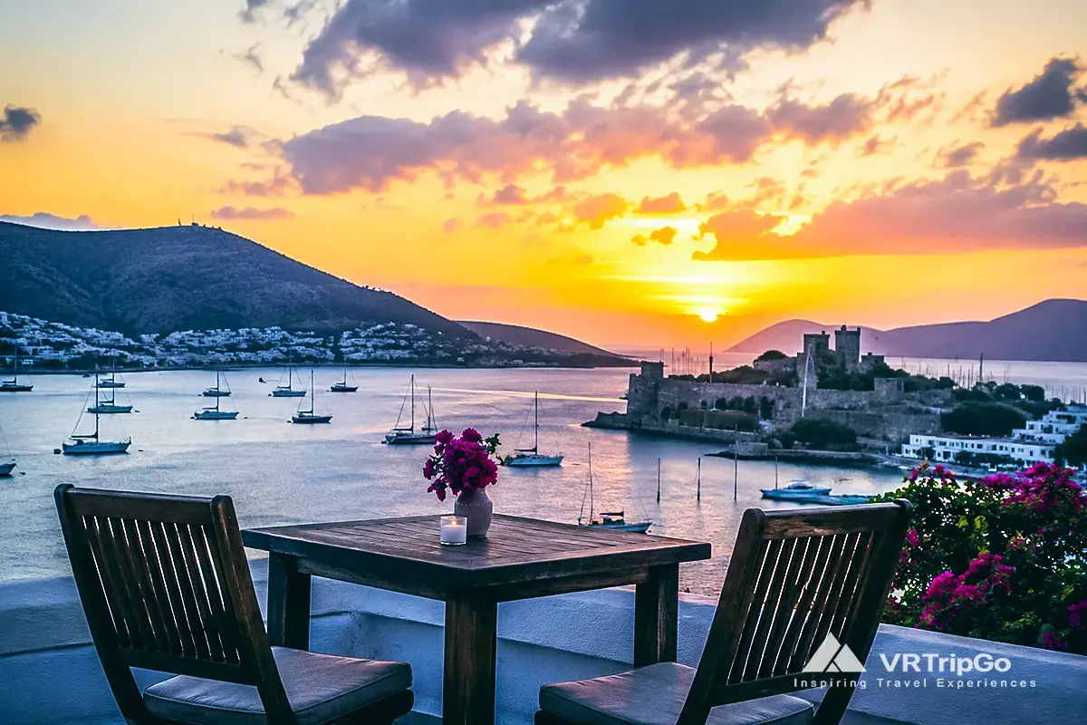 Best Time to Visit Bodrum sunset view with marina and luxury seaside terrace in Turkey