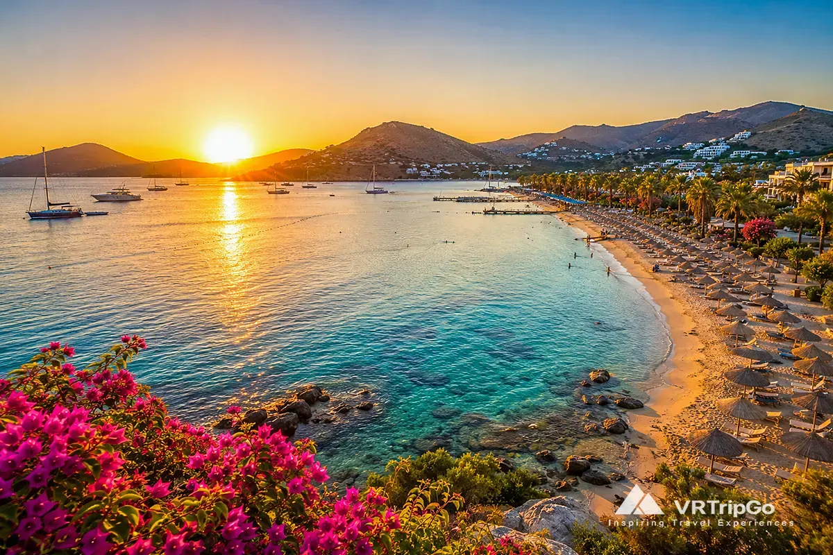 Best Beaches in Bodrum scenic sunset coastline with turquoise sea, sandy beach and luxury resorts in Turkey