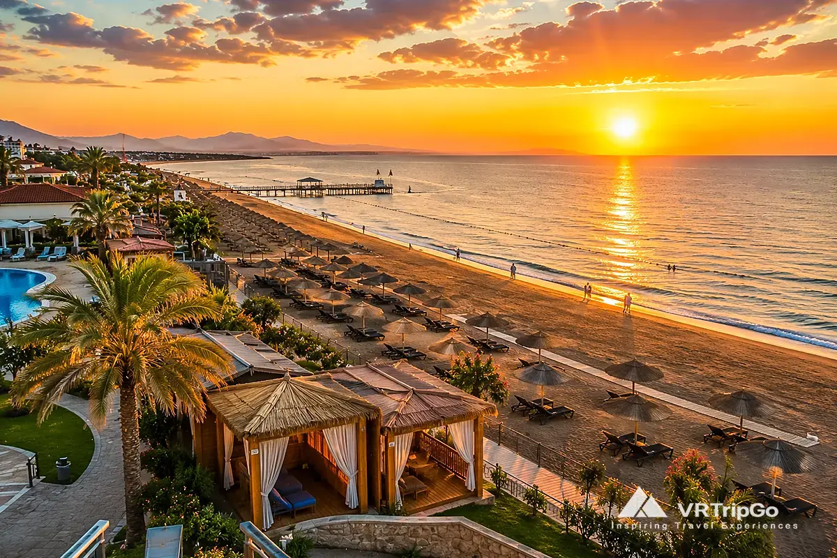 Best Beaches in Belek sandy beach with luxury resort coastline and sunset sea view in Turkey