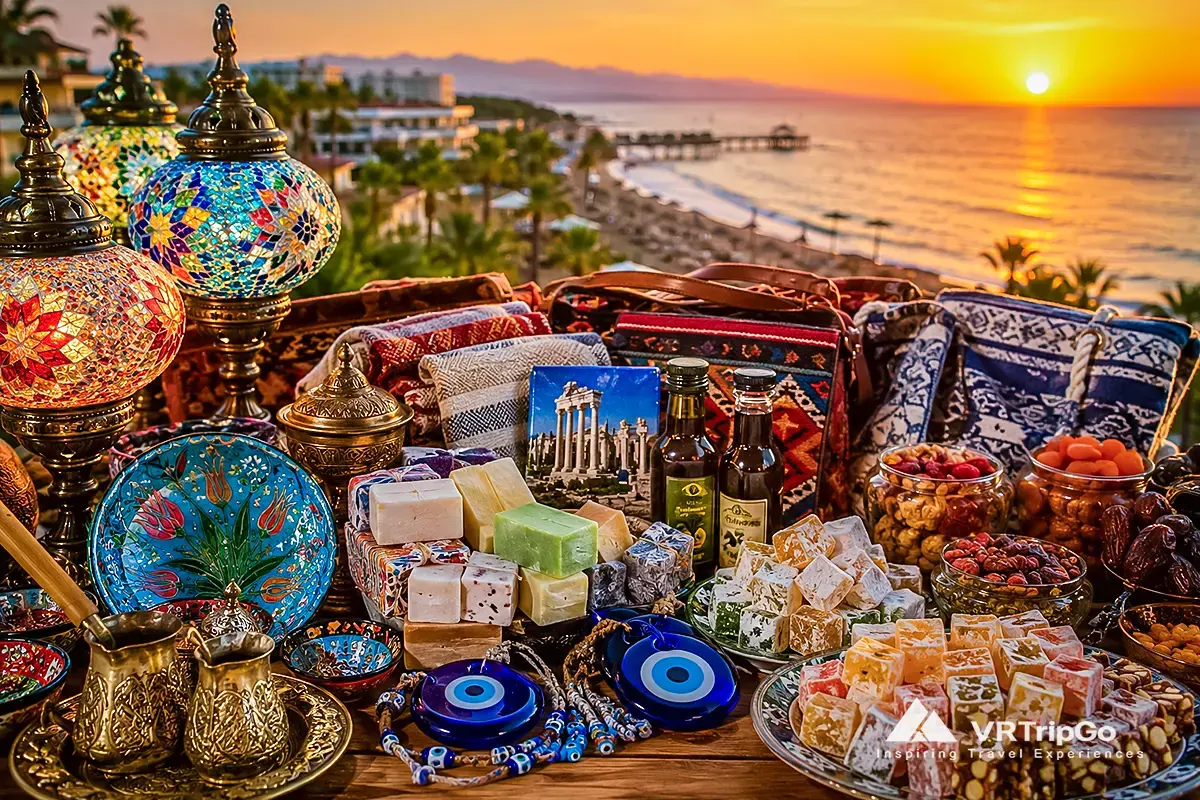 What to Bring Back from Belek traditional Turkish souvenirs and local sweets with sunset beach view in Turkey