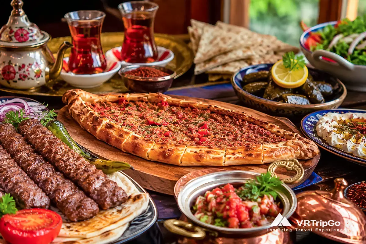 Traditional Turkish food in Side with authentic kebabs, pide, meze dishes and cozy restaurant atmosphere near the Mediterranean coast