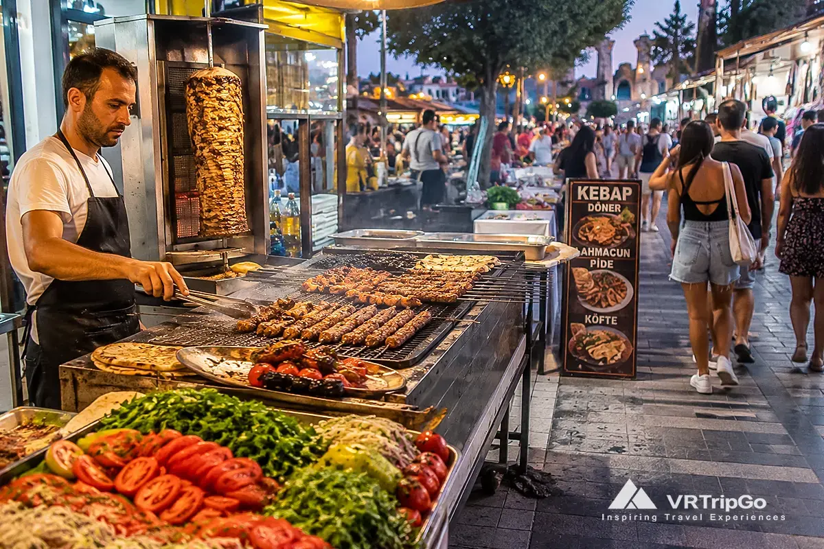 Street food in Side with authentic Turkish kebabs, grilled meat and lively evening market atmosphere near the old town