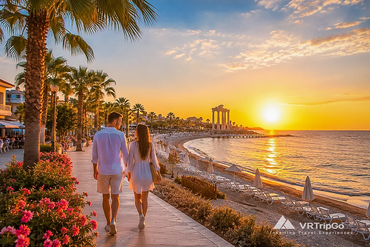 Side Weather in Summer: Couple Walking Along the Beachfront Promenade at Sunset Near the Temple of Apollo in Side, Turkey
