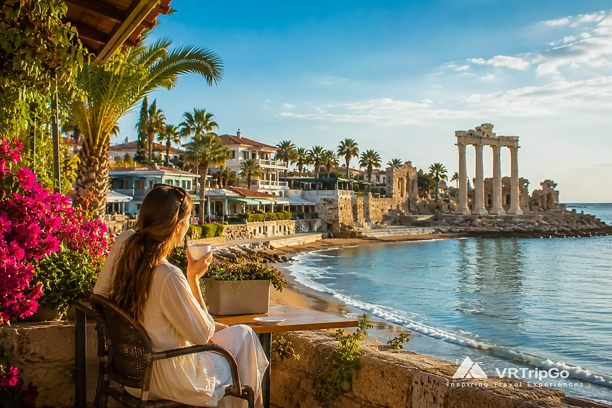 Best Time to Visit Side for Prices: Woman Enjoying a Seafront Café View Near the Temple of Apollo in Side, Turkey During the Low Season