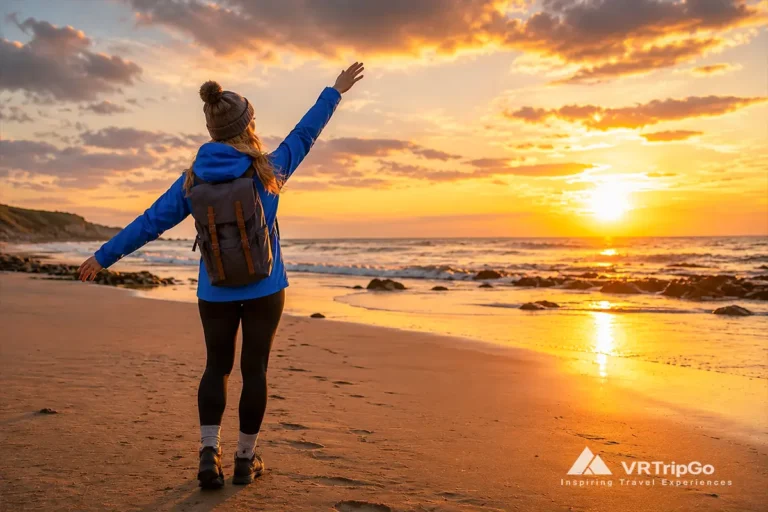 Best Time to Visit the Baltic Coast at Sunset with Blue Jacket Traveler on the Beach